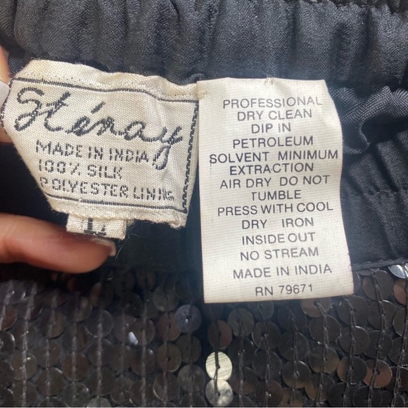 Black Sequin Silk Midi Pencil Skirt Vintage Style Lined Large Glam Cocktail - Picture 7 of 9